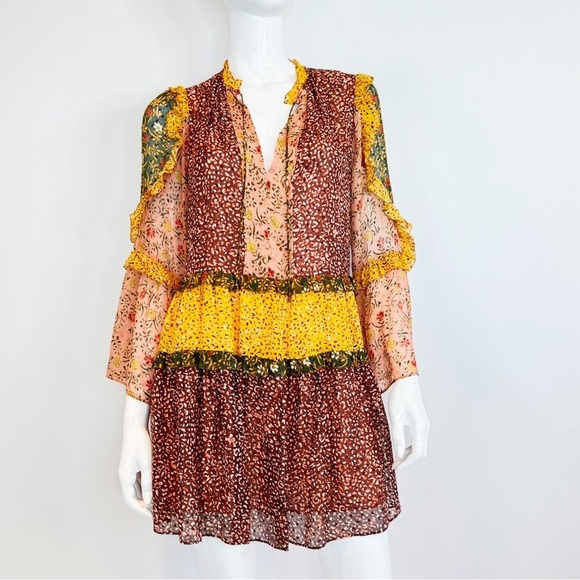 BOHO Fall Ruffle Floral Bohemian Mini Dress Size 4 - Picture 7 of 15